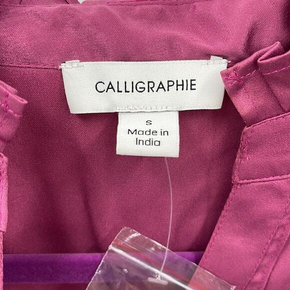 Calligraphie high collar satin Victorian blush pink pleated yoke puff sleeve NEW - Picture 6 of 14